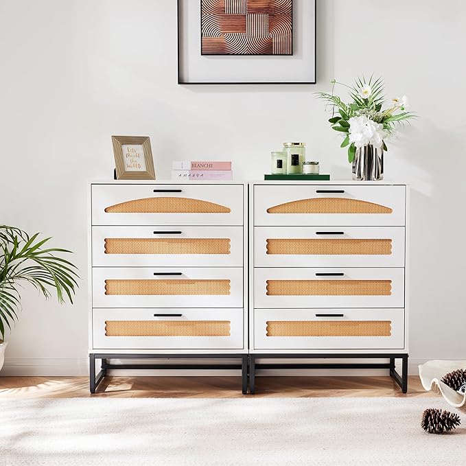 Mericonia 4 Drawer Rattan Dresser for Bedroom, Wood Tall Dresser for Closet with Metal Handles, Boho Nightstand Sets, Dressers & Chests of Drawers for Bedroom, Hallway and Entryway, White