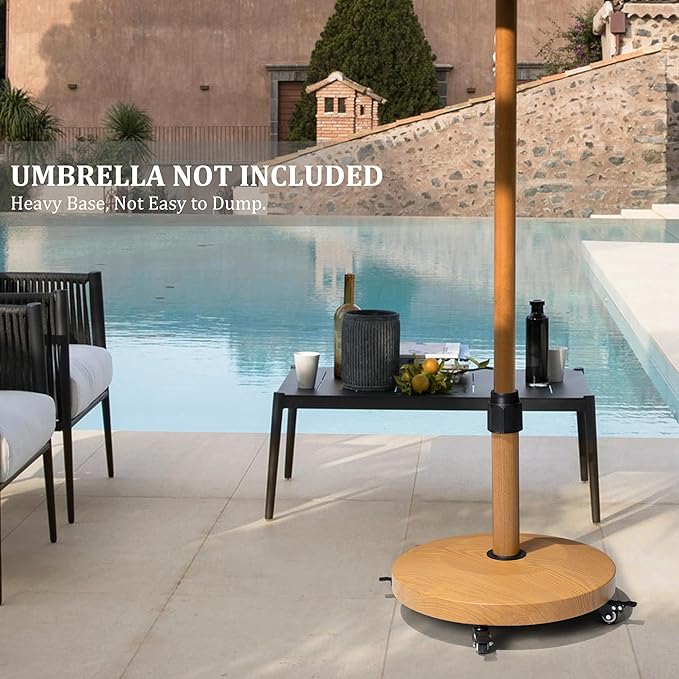 Patio Umbrella Base with 4 Wheels, 55lbs Round Heavy Duty Concrete Stand for Outdoor Market Umbrella, Wood Grain, Teak