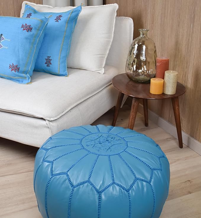 Poufs&Pillows Premium Moroccan Leather Pouf - Handmade - Delivered Stuffed - Ottoman, Footstool, Floor Cushion (Turquoise)