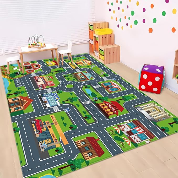 Kids Car Playmat, Kids Rug for Playroom Car Mat Town City Road Traffic Rugs, Play Mat for Floor, Extra Large Boys Kid Car Track Play Rug (Style Four, 78.7X 59 INCH)