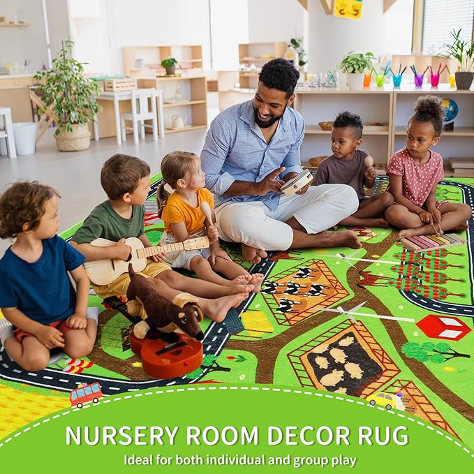 Kids Rug Play Mat for Toy Cars, 110"×78.7" Farm Life Road Traffic for Playroom Kids Car Road Rug Village Map Mat Farm Animals Washable Play Carpet for Toddlers Boys Room Family Tummy Time Playtime