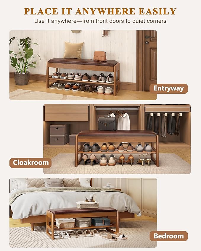 Shoe Rack Bench Seat Rubberwood 2-Tier Wooden Storage Bench 550lbs Compact Mid-Century Modern Design for Entryway, Hallway, Closet, Front Door Entrance, Foyer