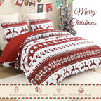 Exclusivo Mezcla Reversible Christmas Quilts Queen Size, Red Bedspread Lightweight Coverlet Winter Quilt Bedding Set with Printed Striped Reindeer Snowflakes Pattern (1 Quilt, 2 Pillow Shams)