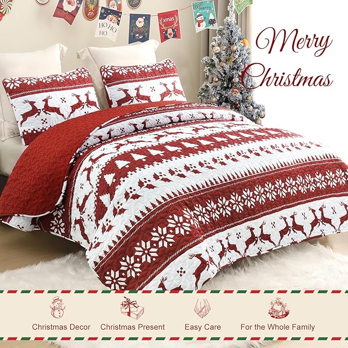 Exclusivo Mezcla Reversible Christmas Quilts King Size, Red Bedspread Lightweight Coverlet Winter Quilt Bedding Set with Printed Striped Reindeer Snowflakes Pattern (1 Quilt, 2 Pillow Shams)