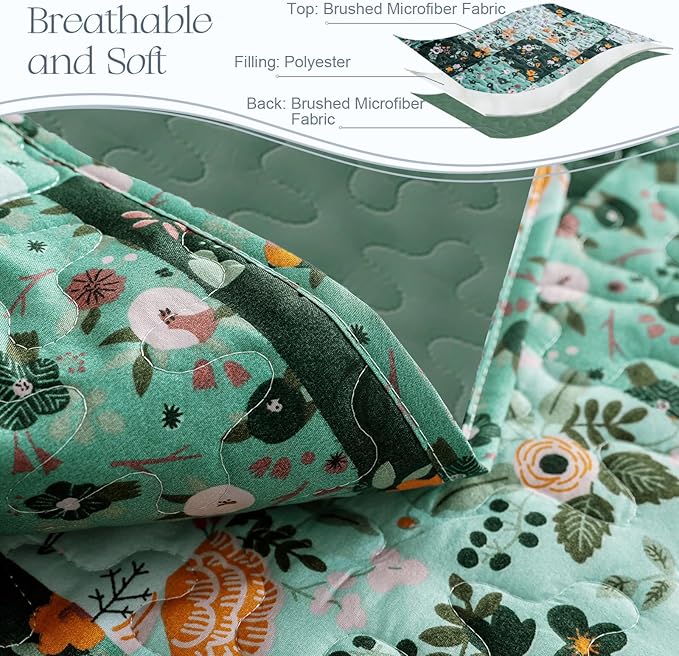 Exclusivo Mezcla Reversible Boho Quilts Twin Size, Green Bedspreads Lightweight Coverlet All Season Patchwork Quilt Bedding Set with Printed Floral Pattern (1 Quilt, 1 Pillow Sham)