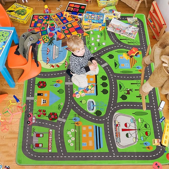 Kids Car Playmat 78.7"X 59", Kids Rug for Playroom Car Mat Town City Road Traffic Rugs, Play Mat for Floor, Extra Large Boys Kid Car Track Play Rug (Style Three, 78.7X 59 INCH)