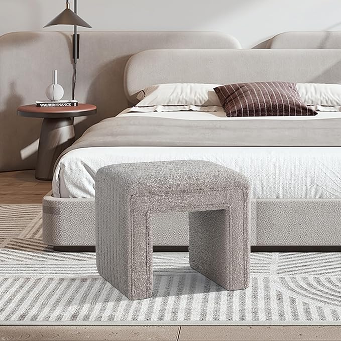 Get Set Style Vanity Stool Chair,Modern Boucle Ottoman Foot Stool with Wooden Legs Sofa Bench Footstool Extra Seat for Vanity,Makeup Room,Living Room,Entryway,Office (Fully Assembled) (Taupe)