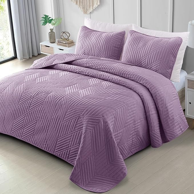 Exclusivo Mezcla Ultrasonic Twin Quilt Bedding Set, Lightweight Dusty Lavender Bedspreads Soft Modern Geometric Coverlet Set for All Seasons (1 Quilt and 1 Pillow Sham)