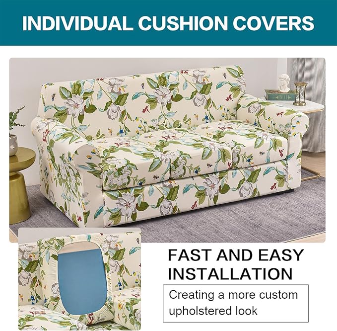 KRFOONN 4 Piece Stretch Sofa Couch Covers for 3 Cushion Couches Printed Sofa Slipcover with 3 Separate Seat Cushion Covers Washable Sofa Slip Covers Furniture Protector for Pets Kids (Large, 28)