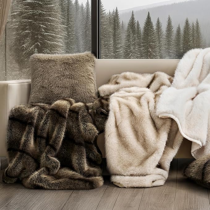 EVERGRACEHOME Luxury Faux Fur Throw Blanket, Soft Fluffy Faux Mink Blankets for Bed, Couch, Sofa, Thick Cozy Plush Warm Fur Throws with Reversible Velvet, Tipped Golden Fox, 60"x80"