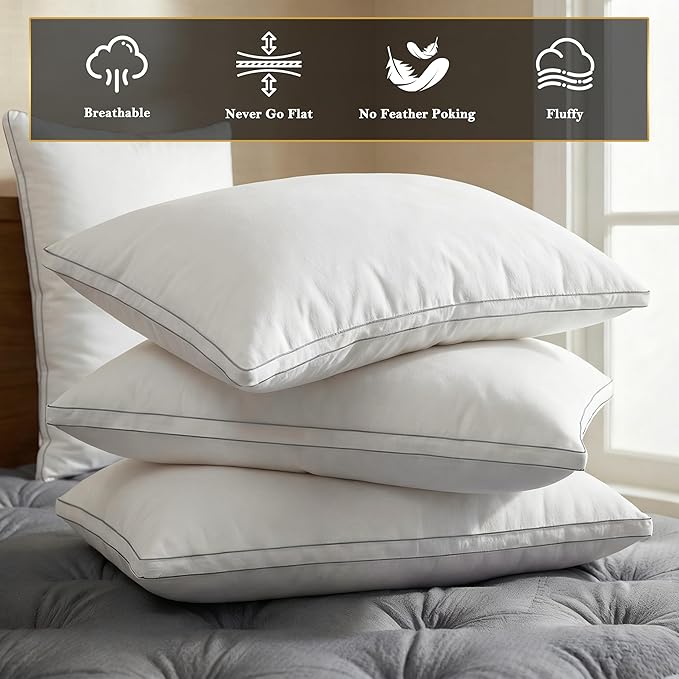 Feather Pillows Standard Size Set of 2 Goose Down Pillows with 100% Breathable Cotton Cover, Hotel Collection Bed Pillows for Sleeping, Soft Support for Back, Stomach and Side Sleepers
