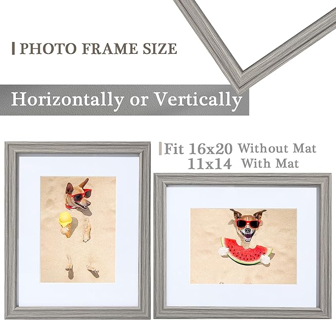 16x20 Picture Frame 16 x 20 Grey Woodgrain Frame Matted to 11x14, 16 x20 Poster Frame for Wall, 20x16 Natural Wooden Frames for Poster & Art, Puzzle Frame for Home Decor and Gifts