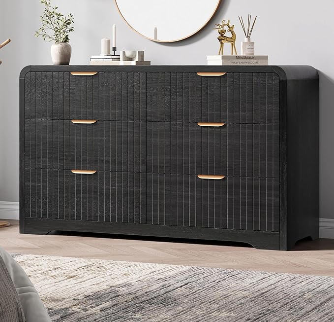 Modern 6 Drawer Dresser for Bedroom, 47" Wide Wood Dressers & Chests of Drawers Curved Profile Design, Mid Century Modern Fluted Dresser for Bedroom, Black Dresser
