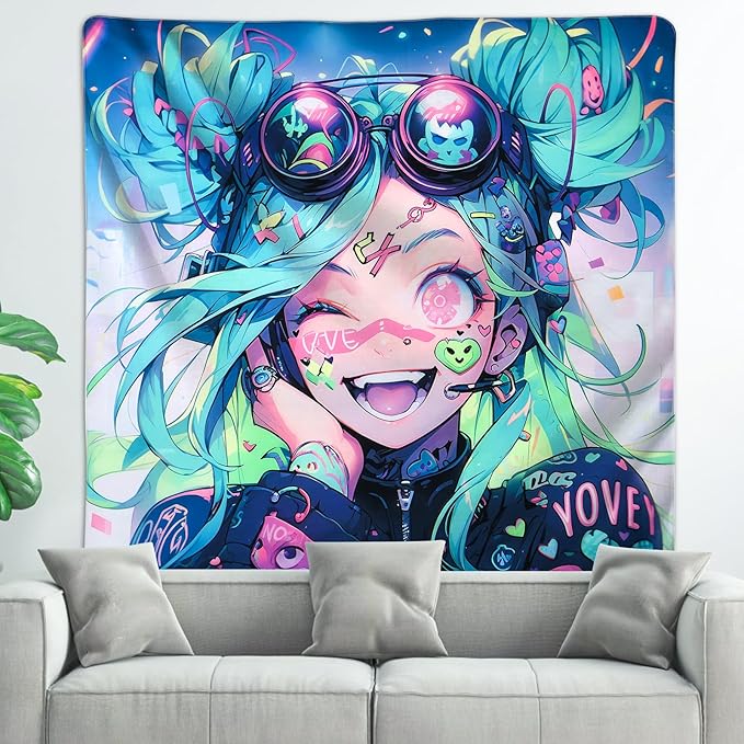 HOUHUANG Anime Fluorescent Tapestry - 59x59 Inches Large Wall Hanging for Room Decoration, Glow-in-the-Dark Trippy Boho Style with Blacklight Effects, Perfect for Bedroom and Custom Tapestry Lovers (The Winning Girl)