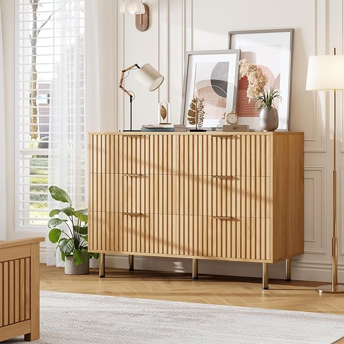 GarveeHome Natural 6 Drawer Dresser for Bedroom, Fluted 47.2 in Wide Modern Chest of Drawers with Deep Drawers, Long Large Double Dresser TV Stand for Living Room, Hallway, Kids Room