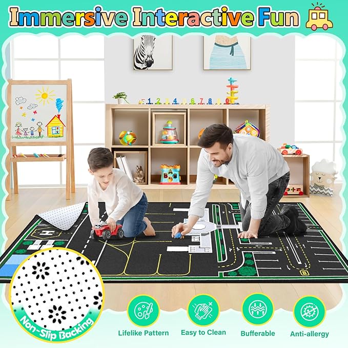 Kids Rug, Road Carpet for Kids with Combined City Road Traffic System,Car Rug and Airport Play Mat,5x7 Ft Children’s Play Rugs for Playroom, Children’s City Traffic Map Fun Car Mat,Non-Slip