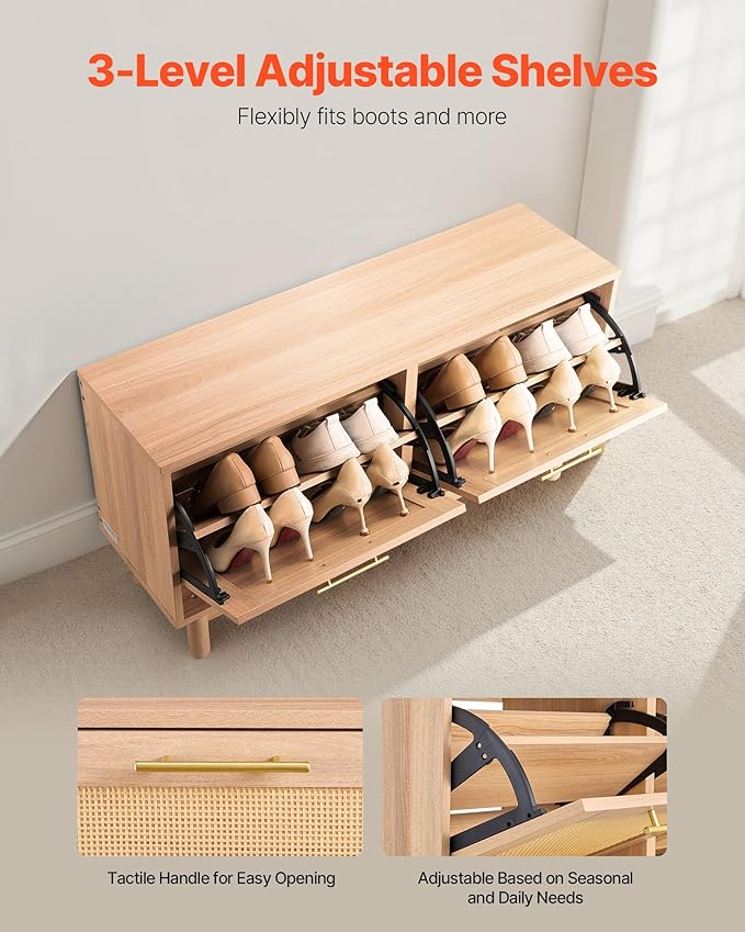 VEVOR Rattan Shoe Storage Bench, Entryway Bench with 2 Flip Drawers, Holds up to 300 lbs with 4 Compartments and 2 Rattan Doors, 39.4 x 11.8 x 20.9 Inches for Hallway, Living Room, Bedroom