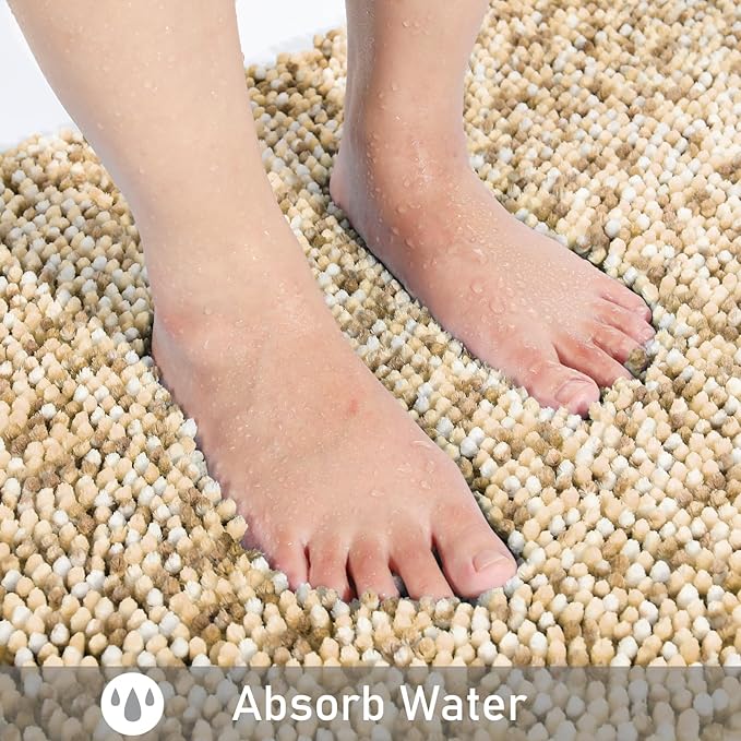 Yimobra Luxury Bathroom Rugs, 47x24, Extra Soft Chenille Mats for Bathroom Non Slip, Fluffy Long Matts for Tub, Plush Shaggy Carpet Runner, Water Absorbent, Machine Washable, Beige & Light Coffee