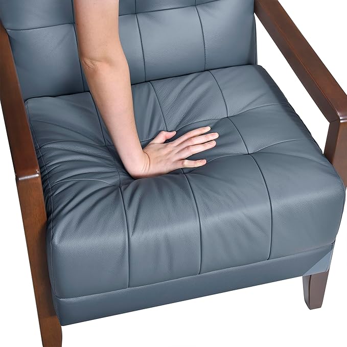 Lexicon Modern Accent Chair, Luxury Genuine Leather Match Living Room Chair with Tufted Cushions, Solid Wood Frame and Arm Rest, Comfy Upholstered Single Seat for Bedroom/Reading/Office, Blue