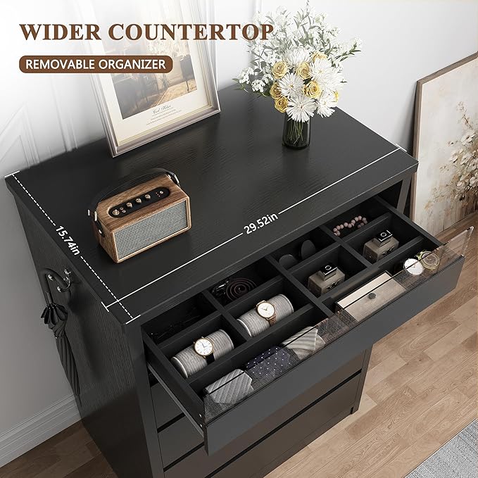 Larger Black 5 Drawer Dresser for Bedroom with LED Light, Modern Chest of Drawers with Hidden Handles, Tall Wooden Dresser Closet for Living Room, Entryway, Hallway - Black
