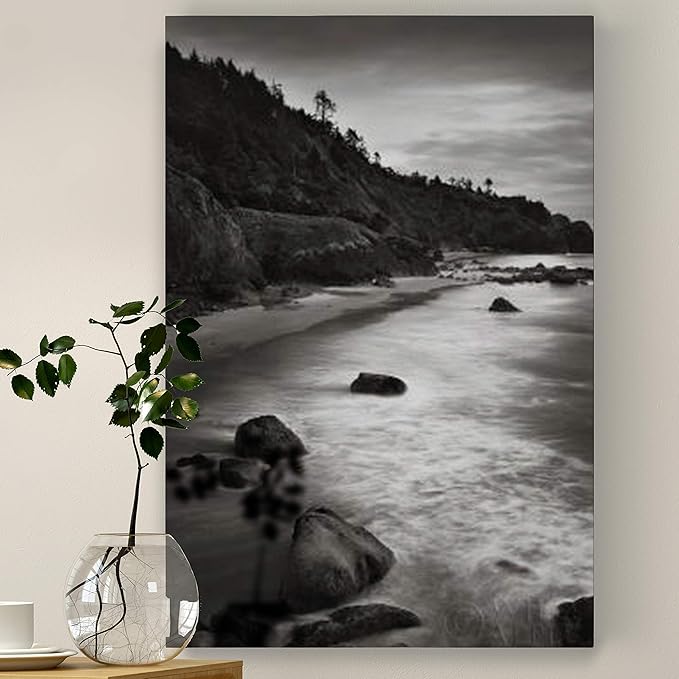 Renditions Gallery Canvas Nature Wall Art Home Paintings & Prints Vintage Rocky Shore Black & White Glam Scenic Wall Hanging Artwork for Bedroom Living Room Office Kitchen - 12"x18" LT06