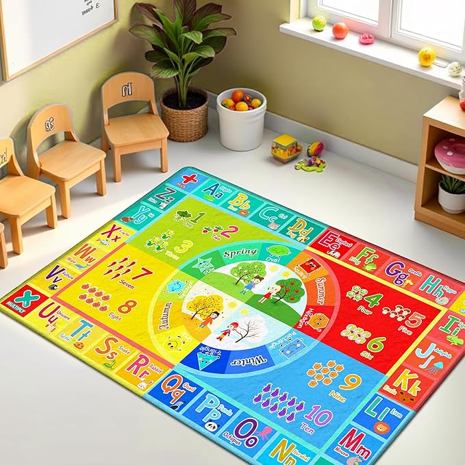 Kids Rug for Classroom & Playroom - ABC Alphabet Educational Area Rug with Animals Numbers & Colors - Non-Slip Carpet Playmat for Nursery Preschool Elementary 6x9 Feet