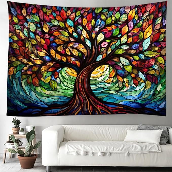 Tree of Life Wall Hanging Decor Tapestry with Stained Glass Colorful Wall Art Large Tapestry Mural Decor Photograph Backdrop Blanket Curtain Home Bedroom Living Room Decoration