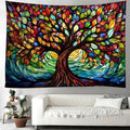Tree of Life Wall Hanging Decor Tapestry with Stained Glass Colorful Wall Art Large Tapestry Mural Decor Photograph Backdrop Blanket Curtain Home Bedroom Living Room Decoration