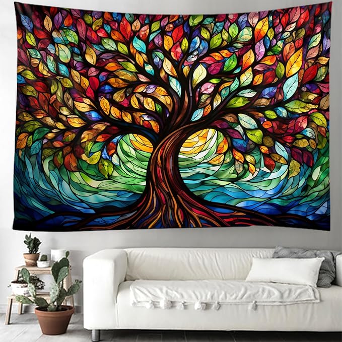 Tree of Life Wall Hanging Decor Tapestry with Stained Glass Colorful Wall Art Large Tapestry Mural Decor Photograph Backdrop Blanket Curtain Home Bedroom Living Room Decoration
