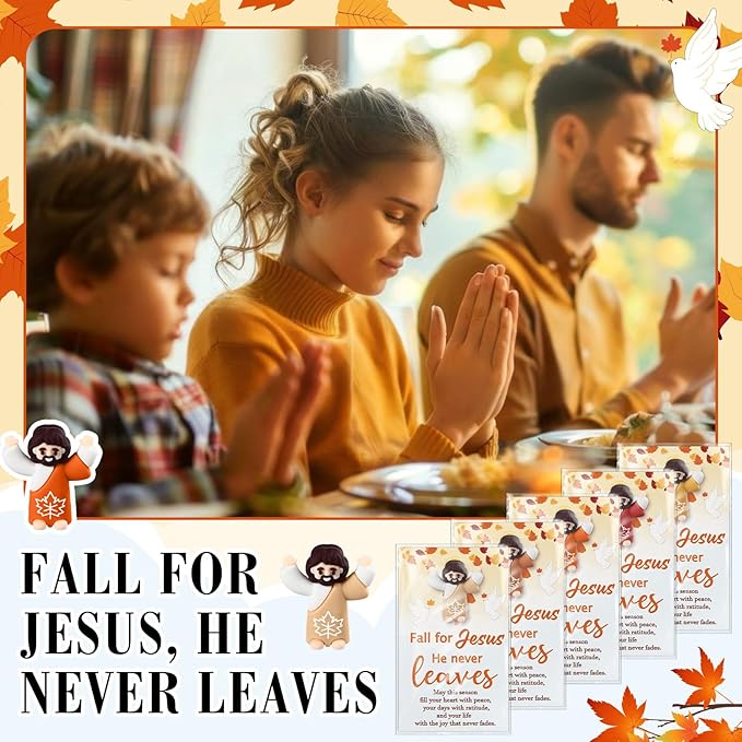 100 Pcs Thanksgiving Fall Jesus Figures Bulk 100 Fall for Jesus He Never Leaves Cards Little Maple Leave Figurines Greeting Cards Mini Pocket Figures for Religious Party Favors Gifts