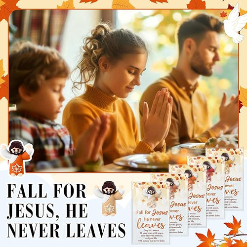 100 Pcs Thanksgiving Fall Jesus Figures Bulk 100 Fall for Jesus He Never Leaves Cards Little Maple Leave Figurines Greeting Cards Mini Pocket Figures for Religious Party Favors Gifts