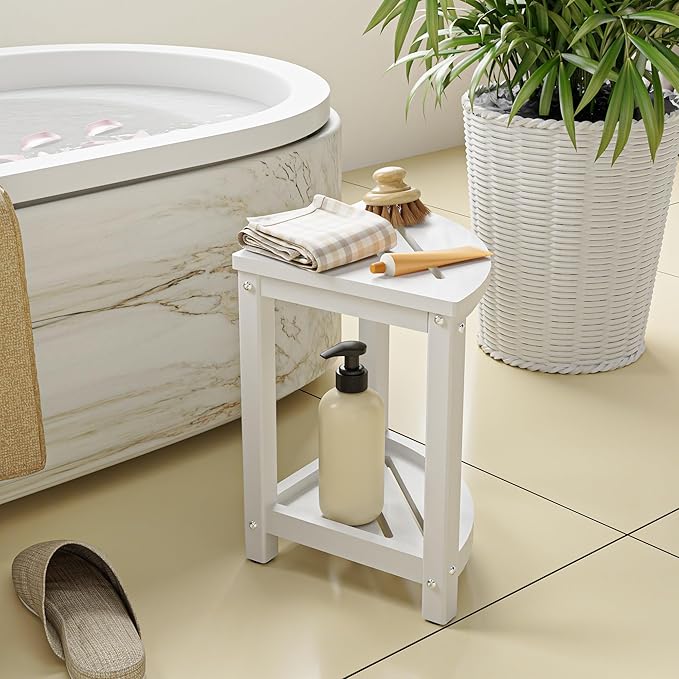 Shower Stool for Inside Shower, Corner Shower Bench Seat, HDPE Waterproof Shower Stool for Shaving Legs with Baffle Storage Shelf, Shower Seat/Foot Rest for Bathroom, Indoor/Outdoor Use, White
