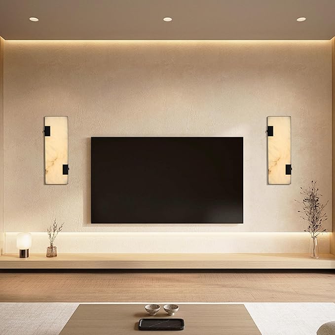 Modern Alabaster Wall Sconce 14.17” Black Frame with Natural Marble Shade Dimmable 3000K Warm Glow Light for Bedroom Hallway Bathroom Fireplace Staircase