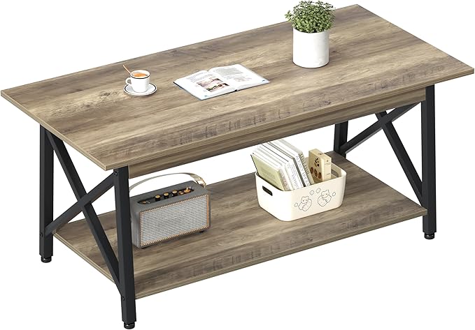 GreenForest Coffee Table with Storage, 43 inch Large Modern Coffee Tables for Living Room, X-Frame Design Farmhouse Coffee Table Space Saving Living Room Tables, Easy Assembly, Grey Wash
