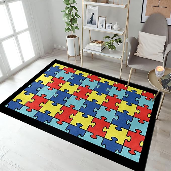 Colorful Puzzle Rug Baby Childrens Playing Exercise Education Learning Decor Floor Mats Black Border Throw Mats Boys Girls Playtime Area Rug for Indoor Kid Room Playroom Nursery Porch, 5x8ft