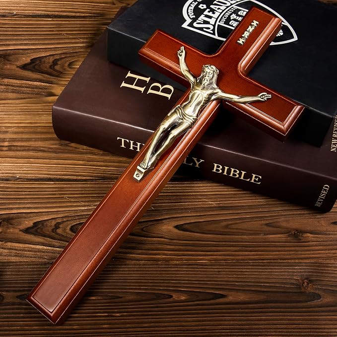SISSIDA Crucifix Wall Cross, 12 Inch Handmade Wooden Catholic Crosses with Jesus Christ for Wall Decor