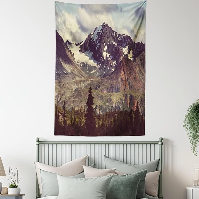 Ambesonne Alaska Mountains Tapestry Twin Size, Arctic Landscape Hiking Alaska Mountains Scenery in Usa Wilderness, Wall Hanging Bedspread Bed Cover Wall Decor, 68" X 88", Green Black White