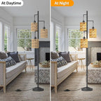 3 Lights Rattan Floor Lamps with ON/Off Foot Switch Tree Standing Lamp with Wood Rattan Lampshades Boho Floor Lamp Tall Pole Lamp for Living Room Bedroom Office, 3 PCS 6W Bulbs Included