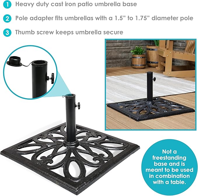 Sunnydaze 52lb Cast Iron Patio Umbrella Base - Heavy-Duty Square Metal Outdoor Market Umbrella Stand for Outside - 22-Inch - Black - Imperial Geometric
