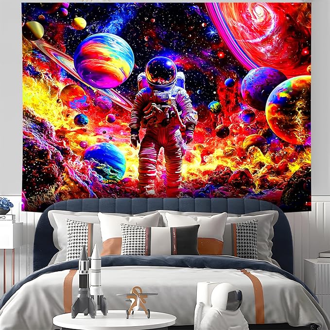 NYZE Astronaut Space Tapestry for Bedroom, Glow in the Dark Room Decor Wall Tapestries, Cool Galaxy Planet Wall Hanging, Wall Hanging for Men Guys Gamer Room Dorm Living Room 90in×70in