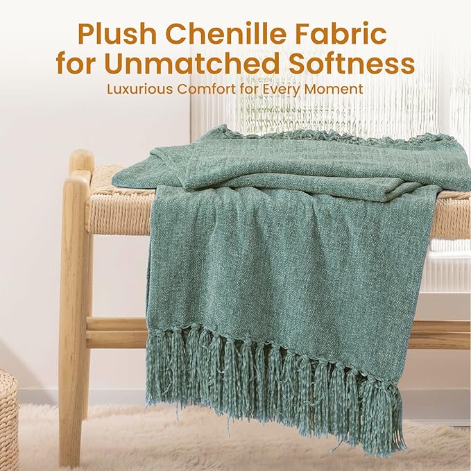 Sage Green Chenille Throw Blanket for Couch Bed，Soft Cozy Throw Blanket with Handmade Fringe, Decorative Blanket for Sofa Chair Living Room for Gift, (Sage Green)