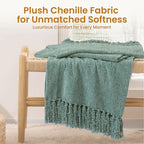 Sage Green Chenille Throw Blanket for Couch Bed，Soft Cozy Throw Blanket with Handmade Fringe, Decorative Blanket for Sofa Chair Living Room for Gift, (Sage Green)