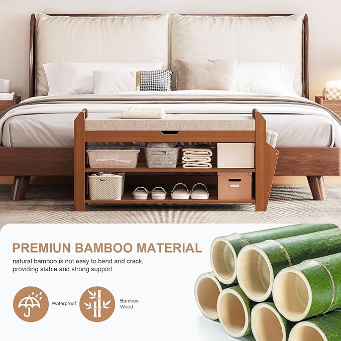 31.5" Bamboo Shoe Rack Bench with Storage, 3-Tier Entryway Bench with Thick Cushion, Flip-Top & Side Baskets, Holds Up to 550 LBS for Hallway, Living Room, Bedroom