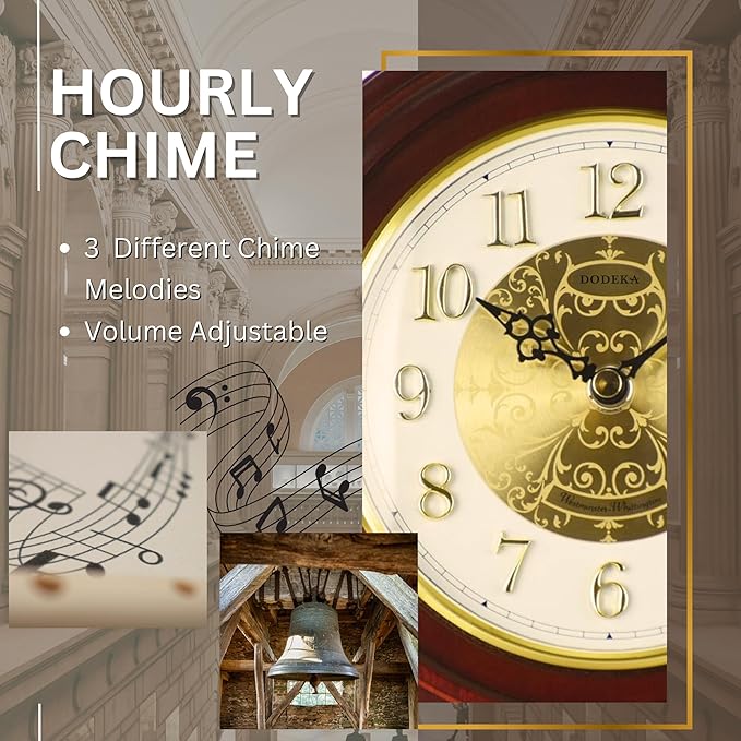 Mantel Clock Antique Classic Luxury Style Golden Clock Dial Alnus Wood Clock Frame Hourly Chime Non-Ticking Night Mode