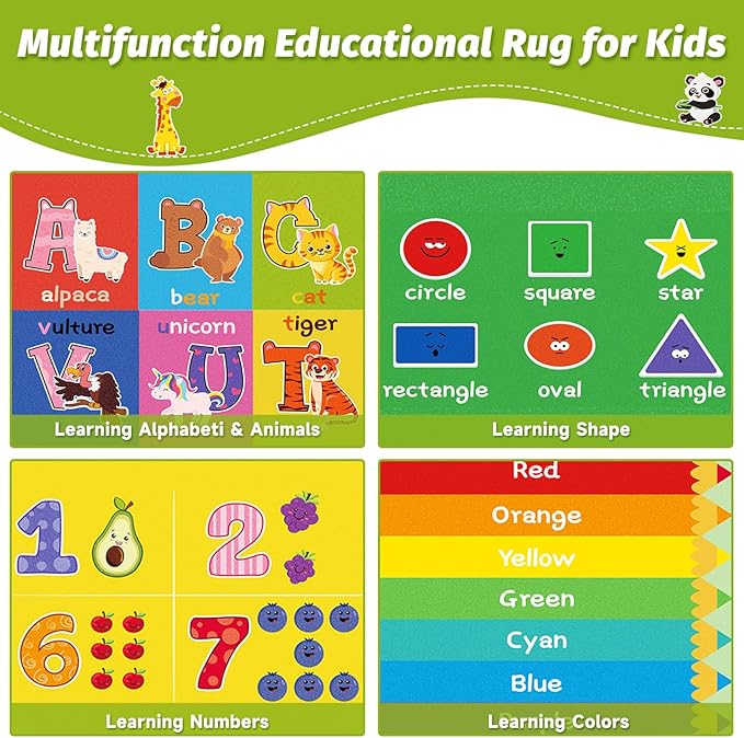 ABC Carpet, Kids Rugs for Playroom, Educational Play Mat for Kids, Preschool Rugs with ABC, Numbers, Animals Learning Carpet for Bedroom Playroom Classroom Baby Children (Yellow, 118X78.7 INCH)