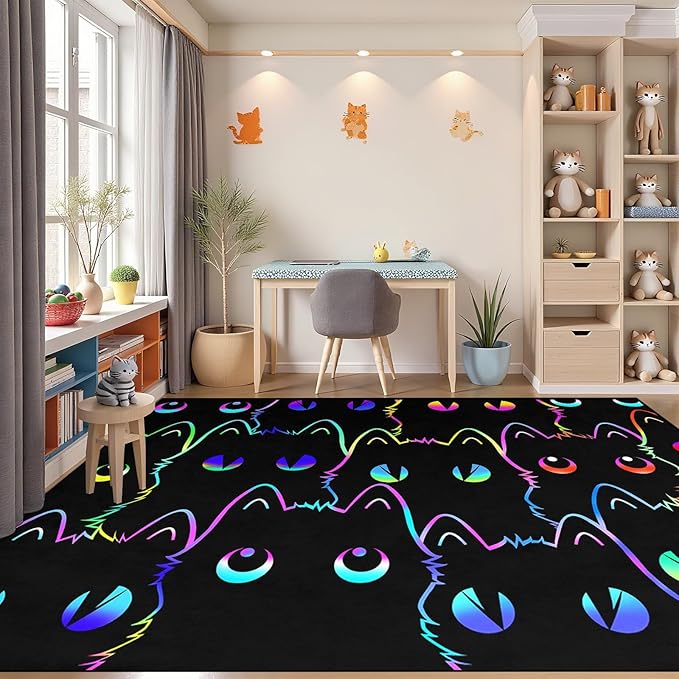Black Cat Rug 5x7, Kids Cat Carpet for Girls Room Decor, Funny Cats Rugs Room Decor Girls Bedroom Cute Cats Themed Washable Kids Area Rug for Playroom Bedroom Classroom