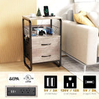 Nightstand with Drawers, Storage Night Stand with Charging Station Type C Port, Small Side Table with Hooks, Wood Metal End Table for Living Room, Bedroom, Dorm, Greige