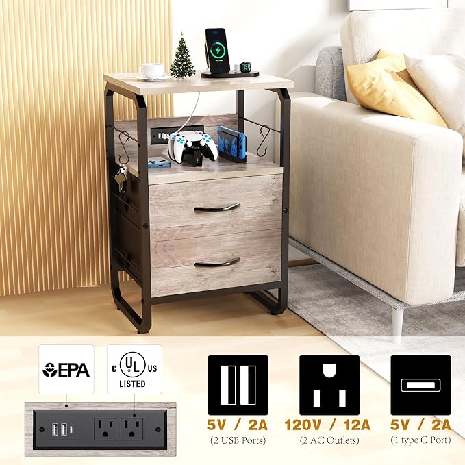 Nightstand with Drawers, Storage Night Stand with Charging Station Type C Port, Small Side Table with Hooks, Wood Metal End Table for Living Room, Bedroom, Dorm, Greige