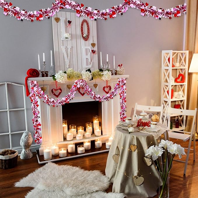 26.2 Feet Valentine's Day Heart Tinsel Garland Love Party Metallic Tinsel Shiny Garland Hanging Decoration for Valentine Wedding Anniversary Party Supplies