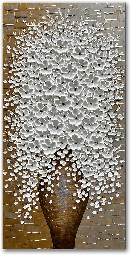 Epicler Hand-Painted 3D Flower Oil Painting with Metal Texture Background, 40x20 inch White Flower Art Painting, Modern Canvas murals, White Flower Art